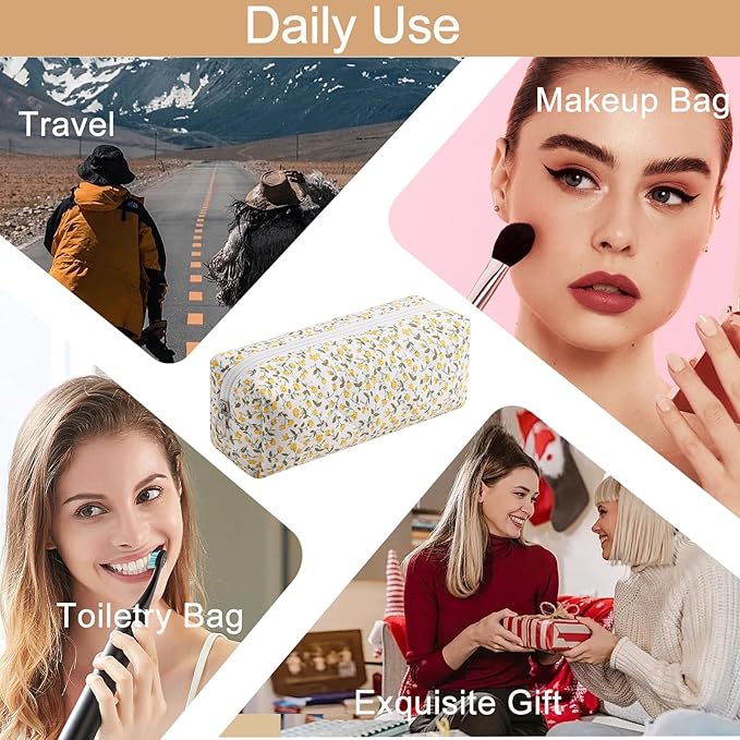 HHQQWZ Cute Floral Cotton Makeup Brush Cosmetic Bag for Women, Travel Quilted Zipper Make Up Bag, Flowers Toiletry Organizer Case Kawaii Makeup Cosmetic Travel Cloth Pouch (Yellow Floral)