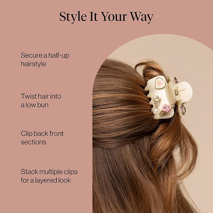 KitschPop ™ Hair Clips For Women with Charm Sets -Customizable Cloud Claw Clip With Interchangeable Collectible Cute Charms - Pearlized Cream, 7pcs Set