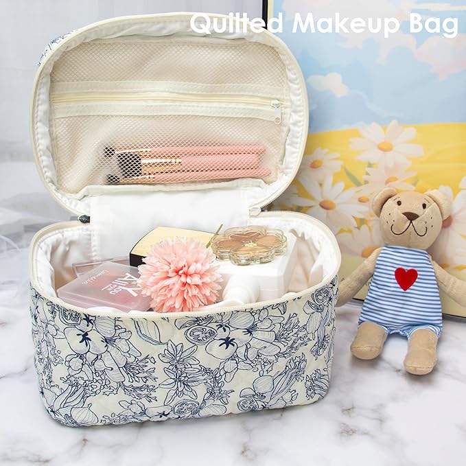 PAZIMIIK 3PCS Makeup Bag SET Large Travel Quilted Zipper Soft Cosmetic Case Pouch for Women Girls Make Up,Jouy Blue