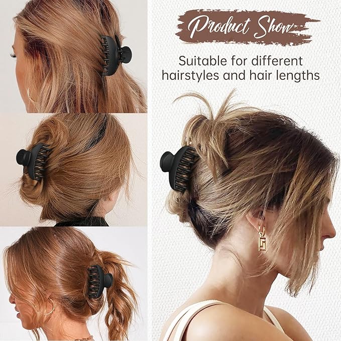 DEEKA 4 PCS 2.5 Inch Hair Claw Clips Double Row Teeth Matte Hair Jaw Clips Hair Barrettes Thick Medium Thin Hair Clips for Women (Black)