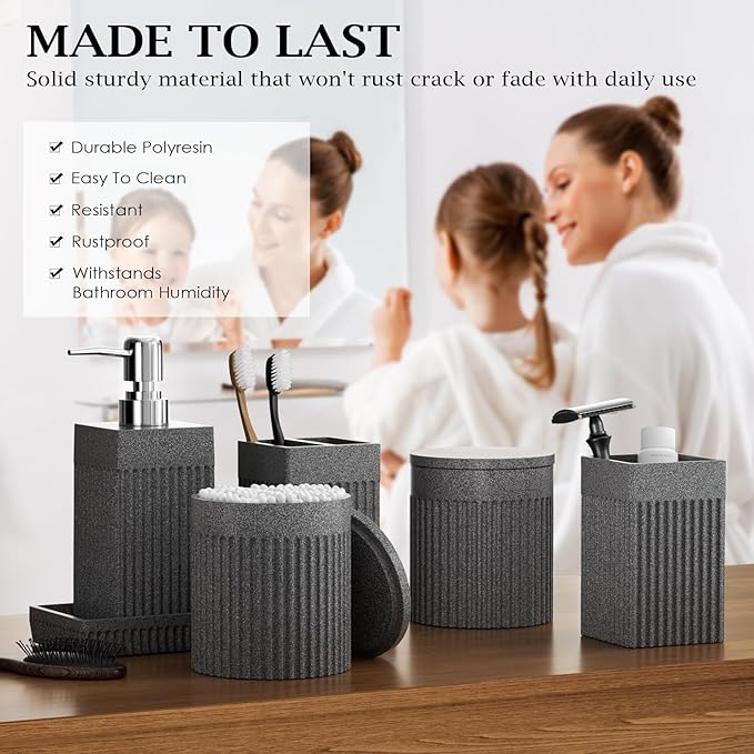 InnJoey 6-Piece Bathroom Set Grey - Stone Textured Resin Bathroom Organizer with Soap Dispenser, Toothbrush Holder, Vanity Tray, Tumbler & Cotton Swab Jars for Small Spaces