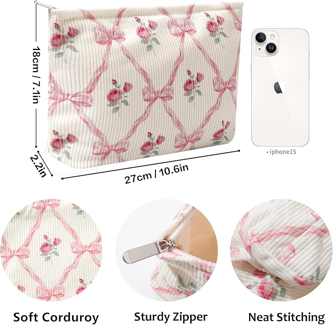Gardsell Cosmetic Bags for Women - Corduroy Cosmetic Bag Aesthetic Women Handbags Purses Smile Dots Makeup Organizer Storage Makeup Bag Girls Case Bags (Flowers-Pink)