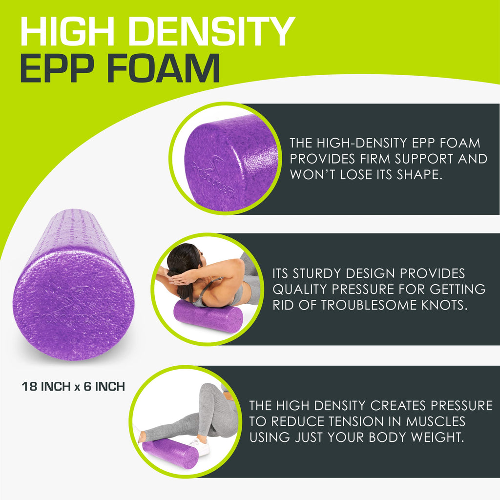 ProsourceFit High Density Foam Rollers 18 - inches long, Firm Full Body Athletic Massager for Back Stretching, Yoga, Pilates, Post Workout Trigger Point Release, Purple