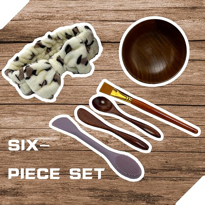 BEECO GIF2U Wood Mask Mixing Bowls 6 Pack,Makeup Facial Skin Care Products for Clay Mask,Home DIY Beauty Personal Care Spa Tools Kit Cosmetic Bowl,Spatula,Spoon,Brush,Silicone Applicator,Headband