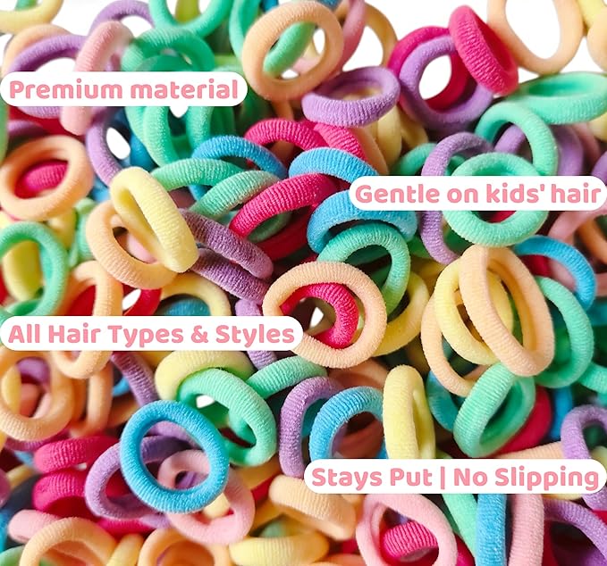 Tunbao 500 Psc Baby Hair Ties,Soft Cotton Toddler Hair Ties,Small Seamless Hair Bands for Girls and Kids,Multicolor Hair Elastics Ponytail Holders