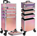 5 in 1 Rolling Makeup Train Case on Wheels Large Cosmetic Organizer Travel Cart for Women Beauty Salon Barber Hairstylist Pink