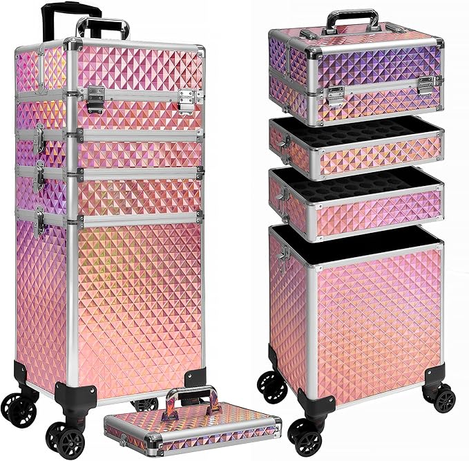 5 in 1 Rolling Makeup Train Case on Wheels Large Cosmetic Organizer Travel Cart for Women Beauty Salon Barber Hairstylist Pink