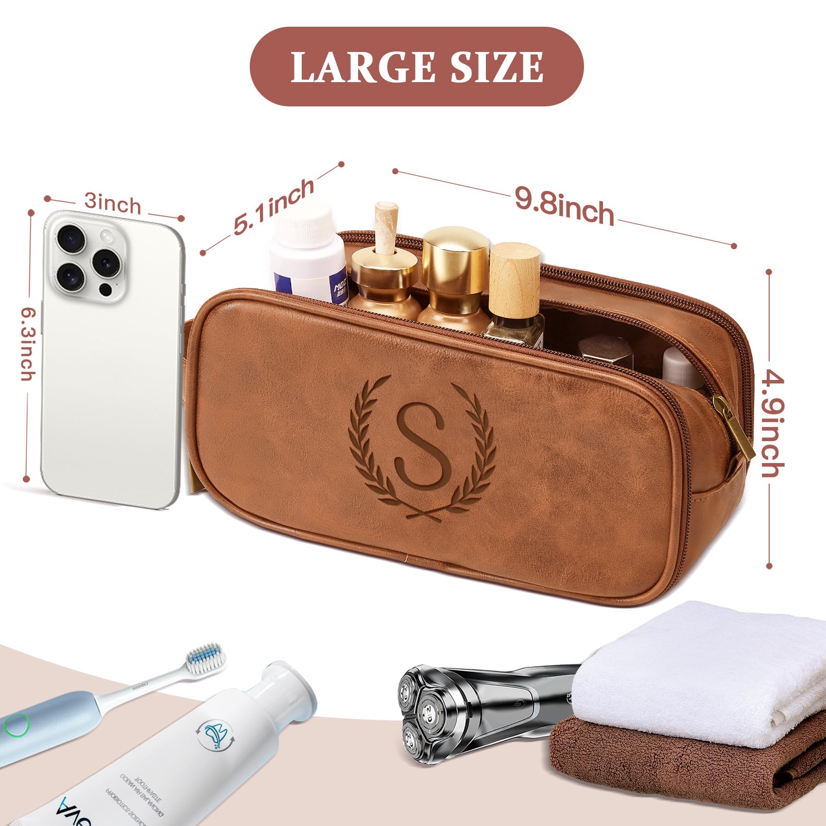 Travel Toiletry Bag For Mens PU Leather Engraved Initials (Yellow Brown M)