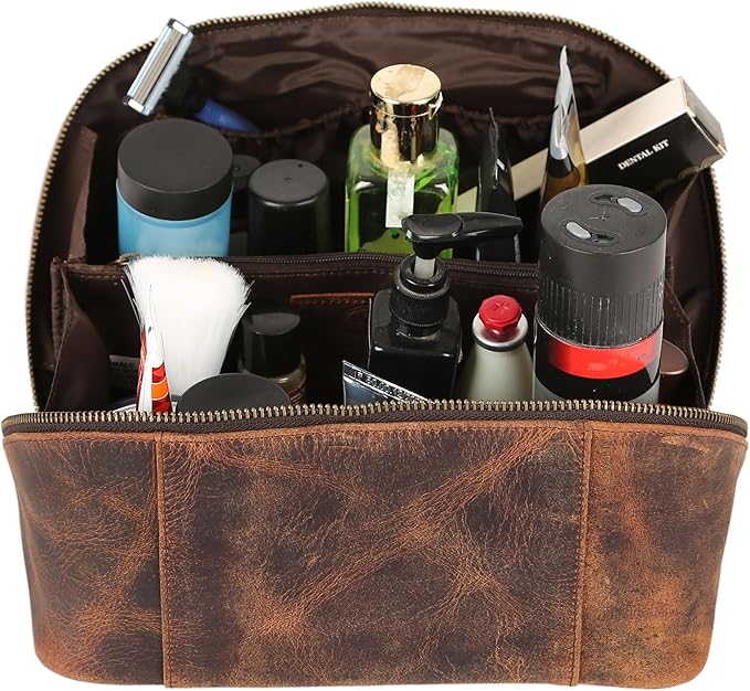 KomalC Luxury Leather Men’s Toiletry Travel Bag – Handmade Shaving Kit with Waterproof Interior, Spacious Storage & Carry Handle – leather travel Kit Bag for Men & Women