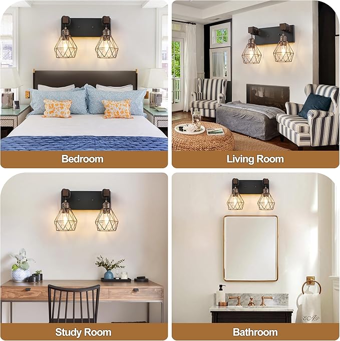 Farmhouse Bathroom Vanity Light Fixtures, 2-Light Wood Bathroom Light Fixtures Over Mirror, Rustic Sconces Wall Lighting with Elegant Metal Lampshade for Living Room, Bedroom, Hallway