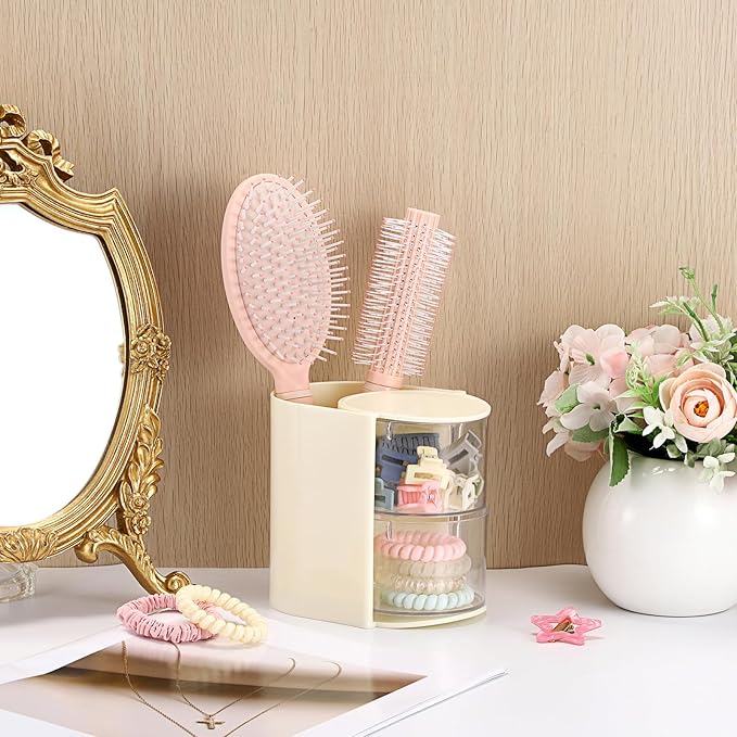 GUSHBIN Rotating Hair Accessories Organizer with Comb Holder Cosmetic Storage Case for Makeup Sponge Plastic Desktop Organizer, 2-Layer Yellow