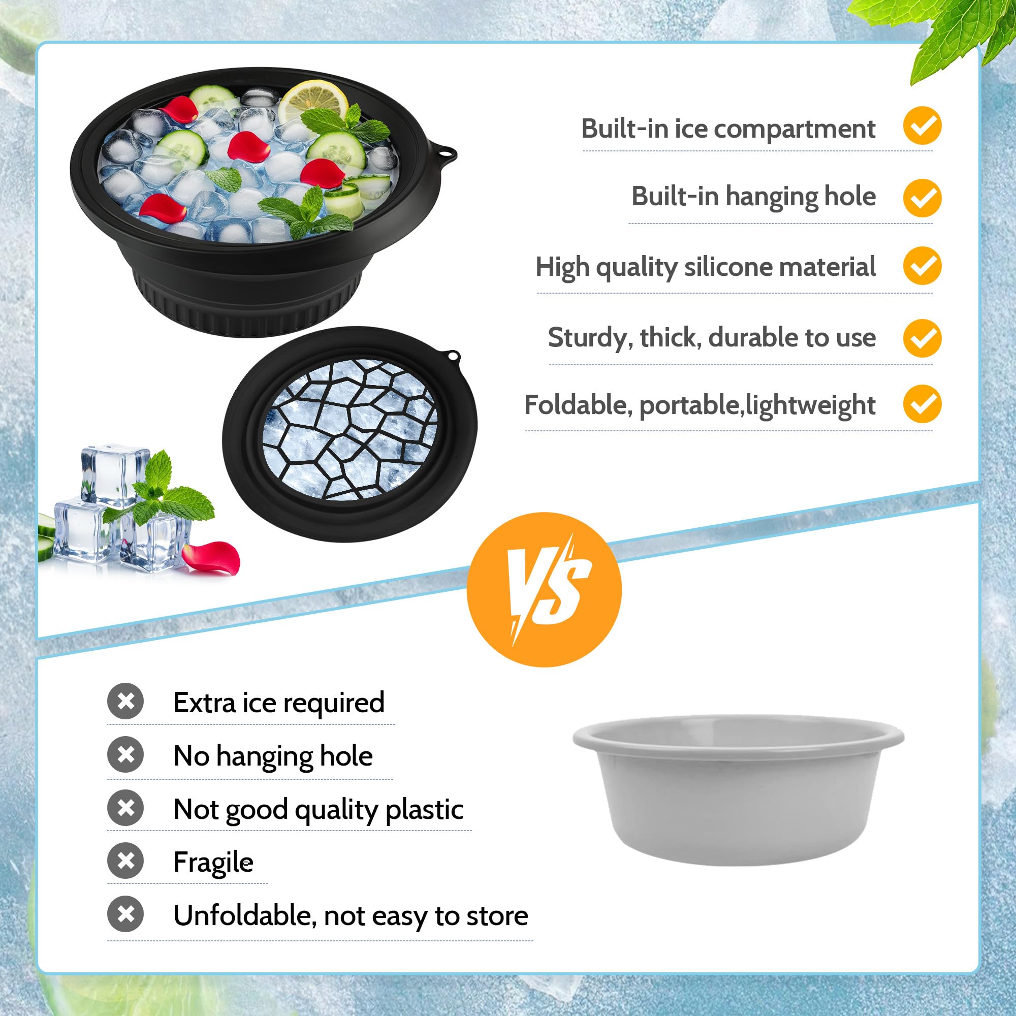 Large Bowl for Face Ice Bath, Foldable Facial Ice Bath with Built-in Icetray, Silicone Facial Ice Bath Bowl, Ice Face Bowl (Black)