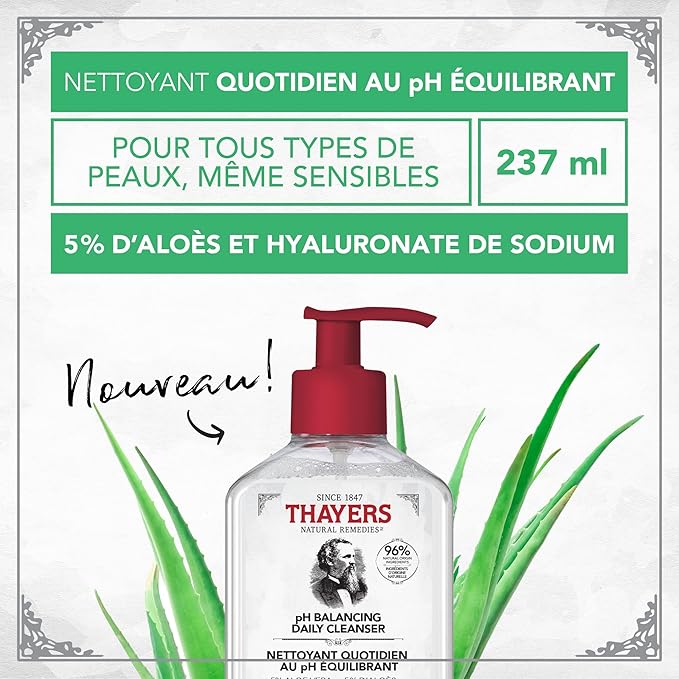 THAYERS pH Balancing Daily Cleanser,Face Wash with Aloe Vera,Gentle and Hydrating Skin Care for Dry,Oily,or Acne Prone Skin,8 FL Oz.,(Pack of 2)