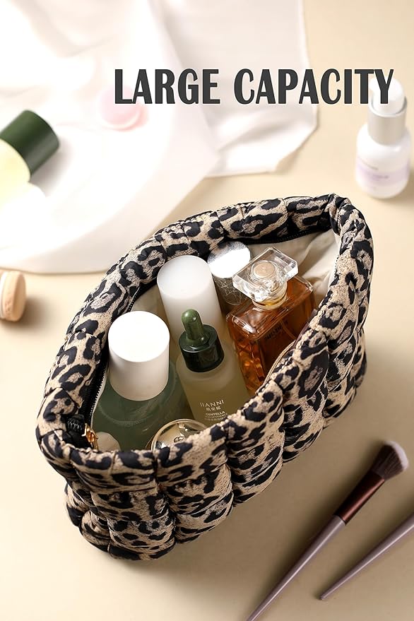 HFLZBRO Puffy Quilted Makeup Bag for Women, Cosmetic Bag, Travel Toiletry Organizer Pouch Clutch (Brown Leopard)