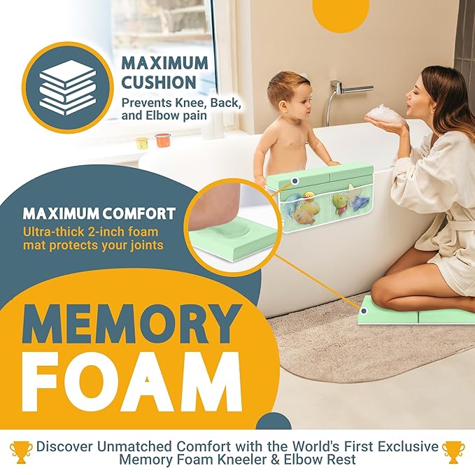 Bath Kneeler and Elbow Rest Pad Set, 2-Inch Thick, Memory Foam, Water-Resistant Mat – Baby Bath Time Essentials Cushion and Bath Kneeling Pad for Bathing Baby with Bathtub Toy Organizer (Mint Green)