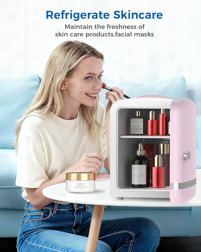 Electactic Mini Fridge for Skincare, 4L/6 Cans Small Cosmetic Fridge for Makeup & Beverage, Portable Desk Fridge Cooler and Warmer for Kids, Bedroom, Countertop, Pink