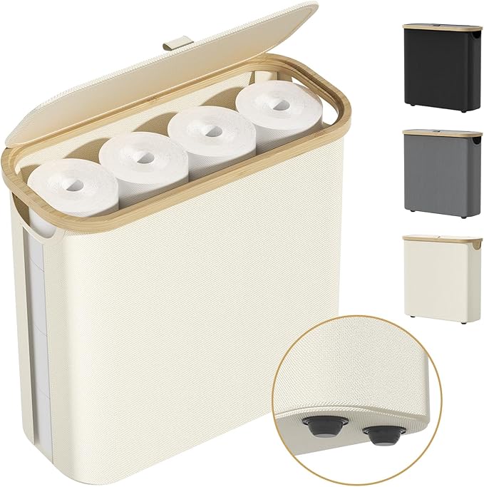 Toilet Paper Storage Basket with Lid and Handle, Foldable Toilet Paper Basket Organizer for Bathroom, Large Capacity Toilet Paper Holder with Storage for 12 Mega or 16 Regular Rolls, Beige