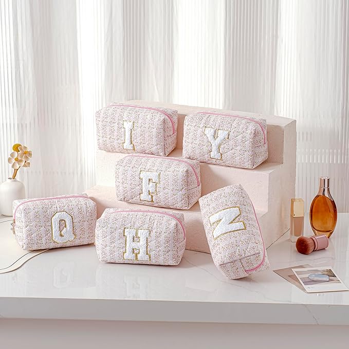 JOVAKIT Alphabet Makeup Bag Cosmetic Bag for Women, Christmas Gifts for Girls Age 6-18, Floral Flowers Coquette Travel Toiletry Zipper Make Up Pouch Organizer Trendy Stuff (Pink Floral N)