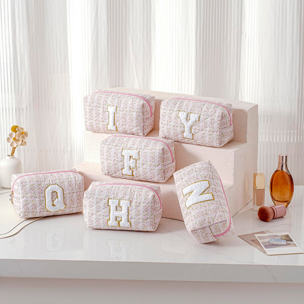 JOVAKIT Alphabet Makeup Bag Cosmetic Bag for Women, Christmas Gifts for Girls Age 6-18, Floral Flowers Coquette Travel Toiletry Zipper Make Up Pouch Organizer Trendy Stuff (Pink Floral N)