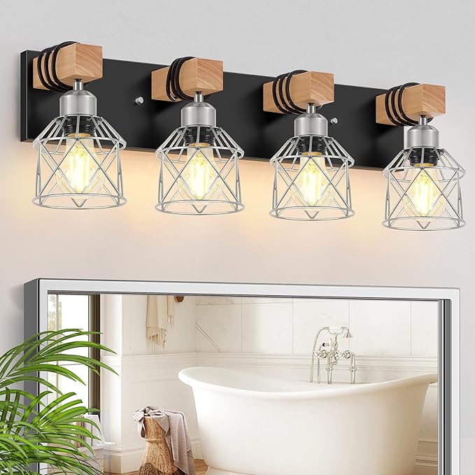 FadimiKoo Farmhouse Vanity Light for Bathroom, 4-Light Rustic Wood Black Bathroom Light Fixtures with Elegant Silver Metal Cage, Vintage Vanity Lights Over Mirror for Living Room Bedroom Hallway