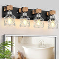FadimiKoo Farmhouse Vanity Light for Bathroom, 4-Light Rustic Wood Black Bathroom Light Fixtures with Elegant Silver Metal Cage, Vintage Vanity Lights Over Mirror for Living Room Bedroom Hallway