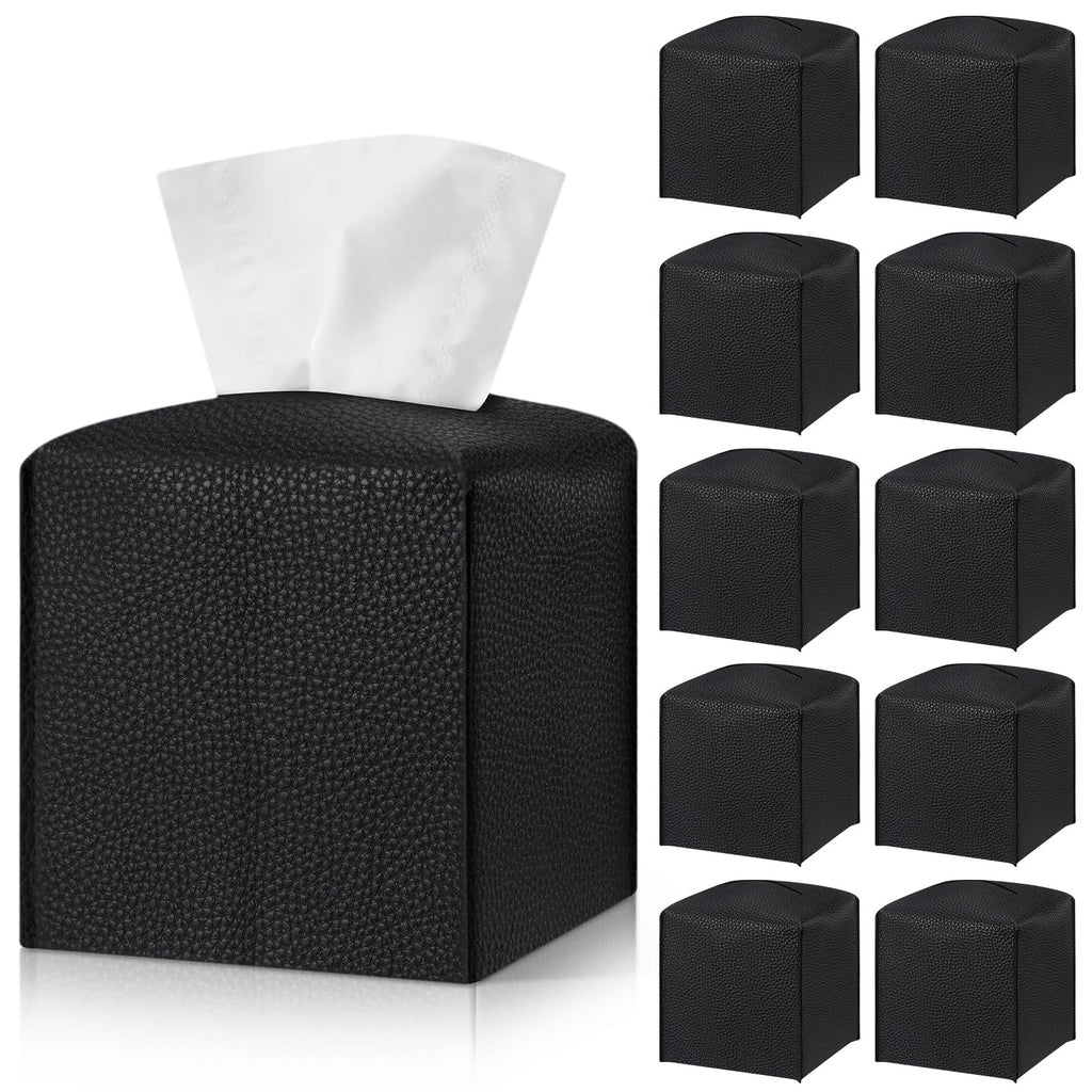 Honeydak 10 Pcs Tissue Box Cover Square Modern PU Leather Tissue Box Holder Decorative Organizer Container for Bathroom Vanity Countertop, Night Stands, Office Desk Car Supply 5.3"x5.3"x5.3"(Black)