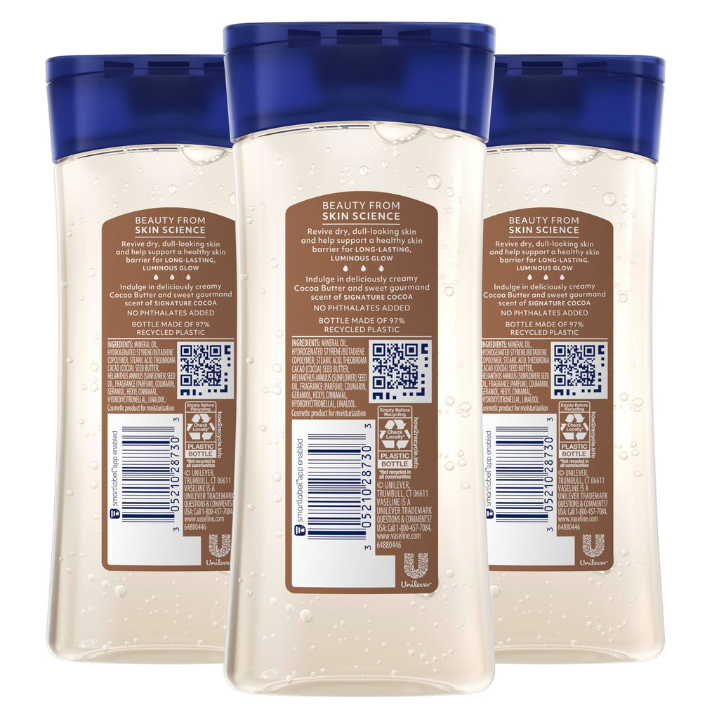 Vaseline Intensive Care Cocoa Radiant Pack of 3 for Glowing Skin Body Gel Oil Made with Pure Cocoa Butter + Replenishing Oils 6.8 fl oz