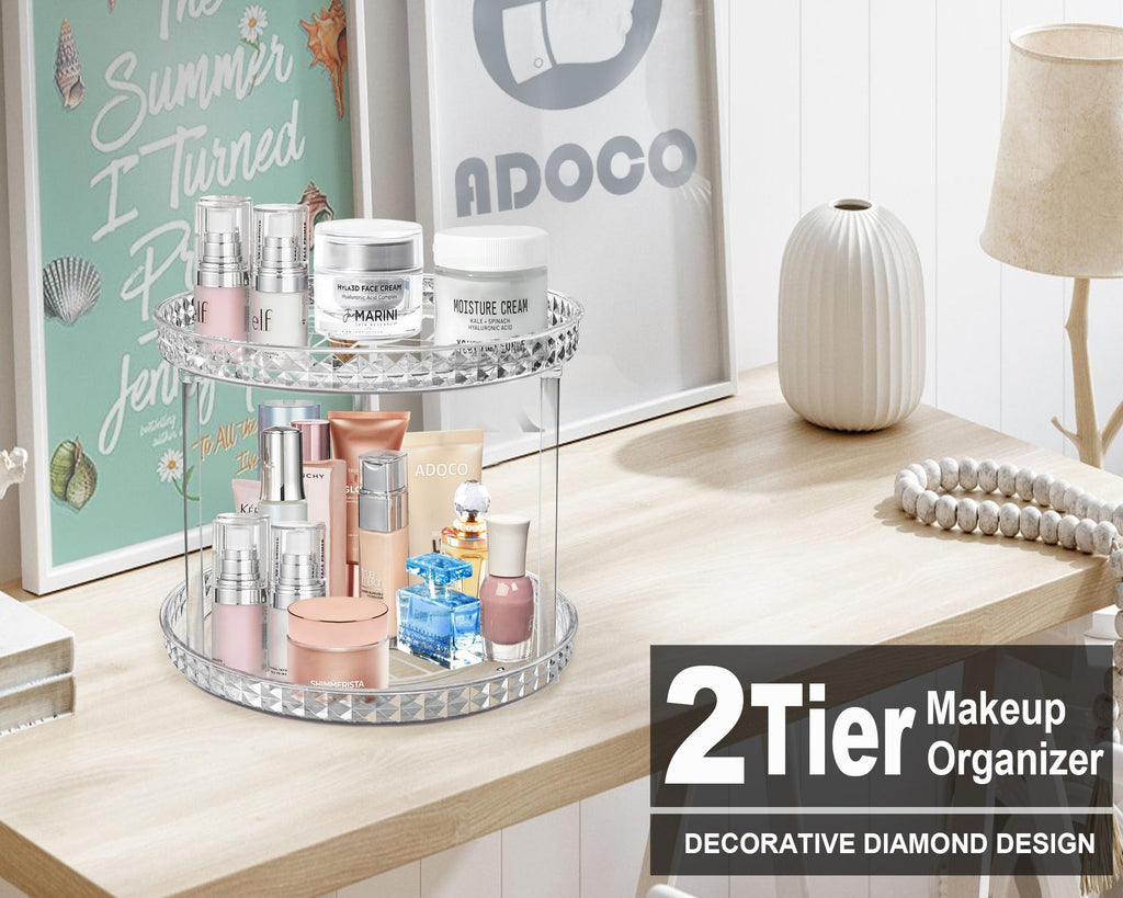 2 Tier Diamond Lazy Susan Bathroom Organizer Countertop, Clear 360 Rotating Cosmetic Makeup Organizer for Vanity, Skincare Organizers Perfume Organizer for Counter - Organization and Storage -9.25INCH