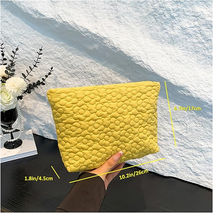 HFLZBRO Puffy Quilted Makeup Bag for Women, Cosmetic Bag, Travel Toiletry Organizer Pouch Clutch (Yellow Flowers)