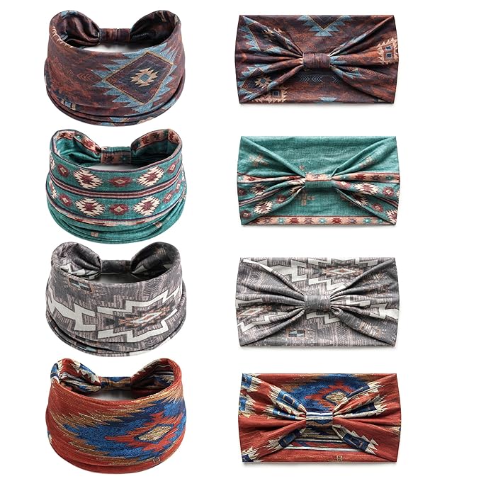 Boho Headbands For Women Fashion Hair Bands Stretch Turban Knoted Head Bands Yoga Running Sweatband Elastic Headband Stylish Wrap Headbands Hair Accessories for Teen Girls 4 Pack