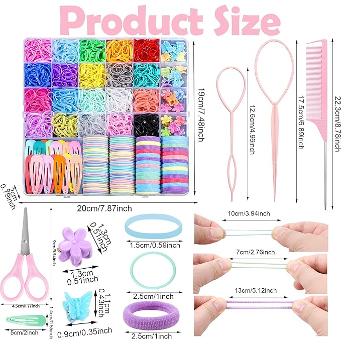 auroray Hair Accessories for Girl, 1543 Pcs Elastic Hair Rubber Bands Set 20 Colors Elastic Hair Ties with Organizer Box Cotton Baby Hair Ties, Hair Tail Tools, Rat Tail Comb, Butterfly Hair Clips