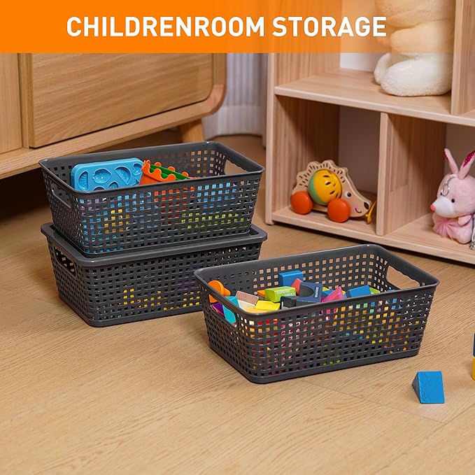 Anywish Plastic Storage Baskets With Lid, Storage Bins for Organizing, Stackable Decorative Containers for Shelves Drawers Desktop Closet Playroom Classroom Office,10 Pack-Grey