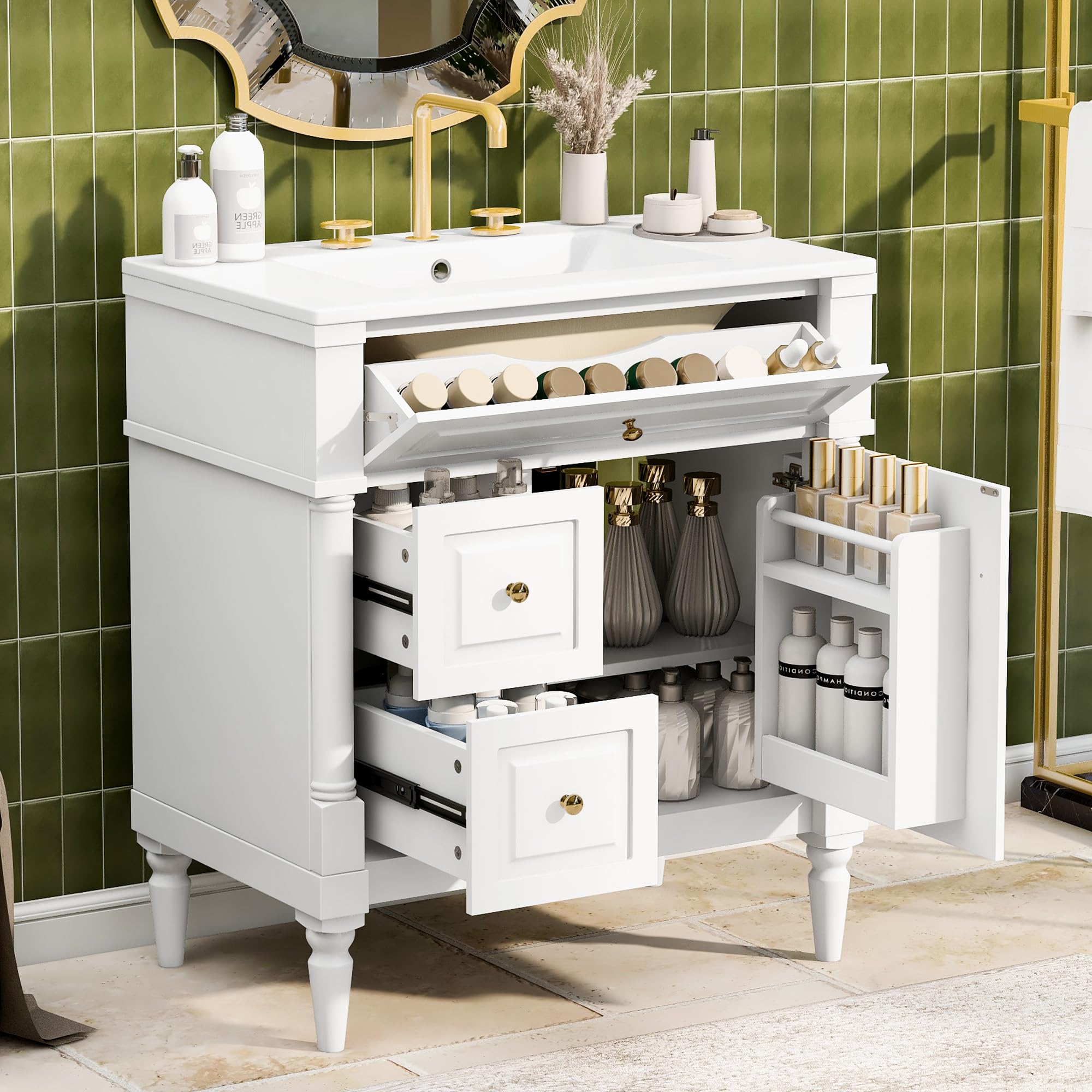 Harper & Bright Designs 30" Bathroom Vanity with Sink, Free Standing Bathroom Vanity Set with Flip Drawer, 2 Drawers, and Adjustable Shelf, Wood Storage Cabinet with Ceramic Basin for Bathroom, White