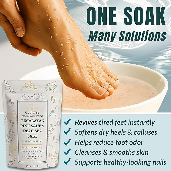 Glowis Tea Tree Oil Foot Soak with Himalayan & Dead Sea Salt | Pedicure Salt Foot Soak for Nail Discoloration, Calluses & Odor | Natural Detox Foot Bath Soak with Sandalwood, Lavender & Rose | 16 oz