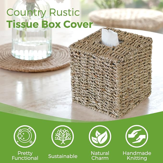 Seagrass Tissue Box Cover, Wicker Tissue Box Holder Square, Hand Woven Cube Tissue Box Cover Tissue Holder for Bathroom Living Room Kitchen Office, Natural