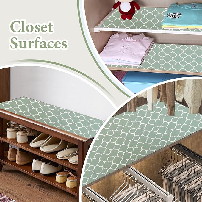 Shelf Liners for Kitchen Cabinets Non Adhesive Drawer Liner 17in x 30FT Light Green Quatrefoil Thickened Shelf Liner Strong Non-Slip Easy to Clean for Tool Box Refrigerator with Knife and Tape Measure