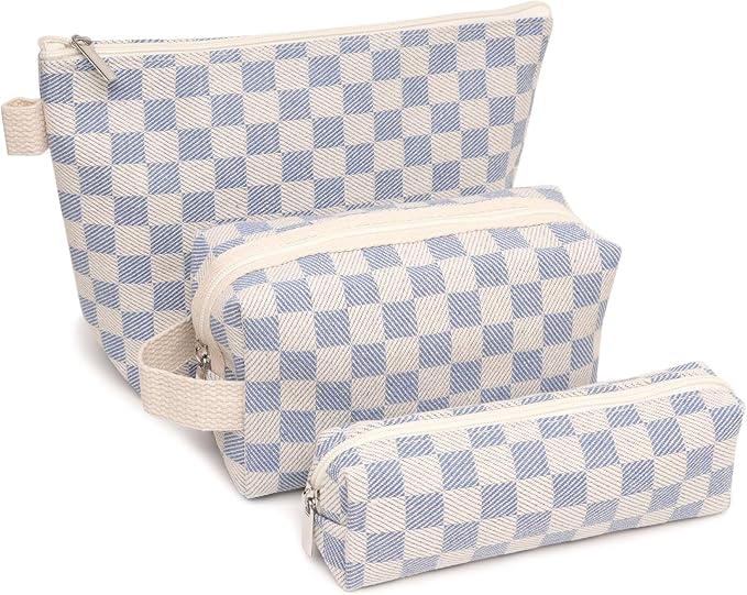Beayuva 3 Pcs Canvas Makeup Bag Set Checkered Cosmetic Pouch for Women Travel Toiletry Bag Cute Makeup Organizer Purse Pouch Preppy Pencil Case with Zipper (Checkered Blue)