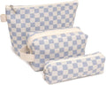 Beayuva 3 Pcs Canvas Makeup Bag Set Checkered Cosmetic Pouch for Women Travel Toiletry Bag Cute Makeup Organizer Purse Pouch Preppy Pencil Case with Zipper (Checkered Blue)