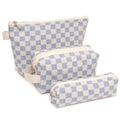 Beayuva 3 Pcs Canvas Makeup Bag Set Checkered Cosmetic Pouch for Women Travel Toiletry Bag Cute Makeup Organizer Purse Pouch Preppy Pencil Case with Zipper (Checkered Blue)