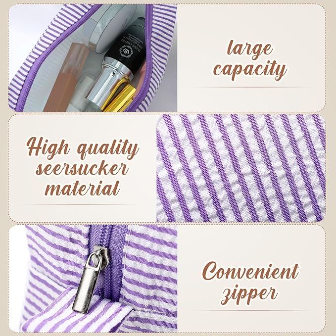 Sanwuta 6 Seersucker Cosmetic Bag Bulk Striped Makeup Bag for Women Aesthetic Cute Travel Toiletry Organizer Preppy Storage Pouch for Wedding Bridesmaid Mother's Day Teacher Gift (Large,Classic)