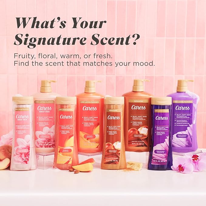 Caress Body Wash for Women, Shea Butter & Brown Sugar, Hydrating and Exfoliating Shower Gel for Gorgeous Radiant Skin, 20 fl oz, 4 Pack