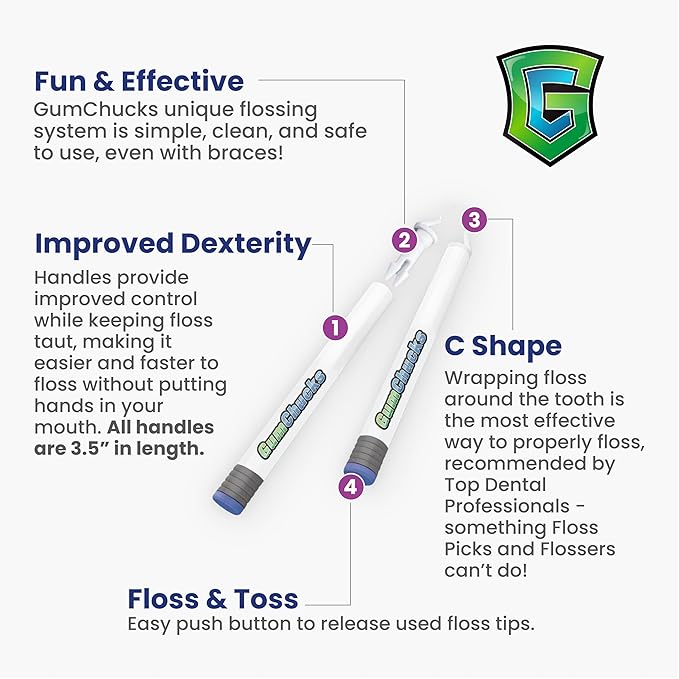 GumChucks Floss Picks for Braces & Tight Teeth – Reusable Dual Handle Flosser – No Hands in Mouth – Easy for Kids, Adults & Seniors (Old Skulls - Ninja Vitis)
