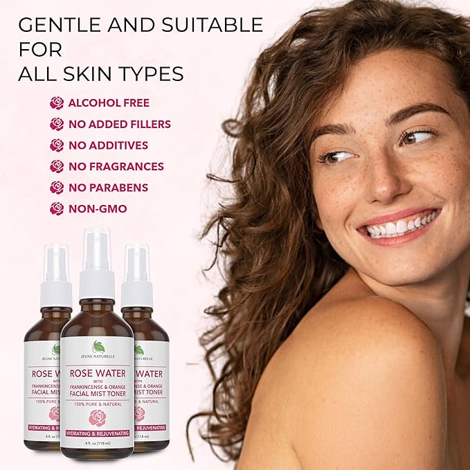Rose Water Spray for Face - 100% Pure Rosewater with Frankincense & Blood Orange Facial Mist Toner, Alcohol Free, Dye Free, Body Mist & Face Mist - Steam Distillation, 4 oz