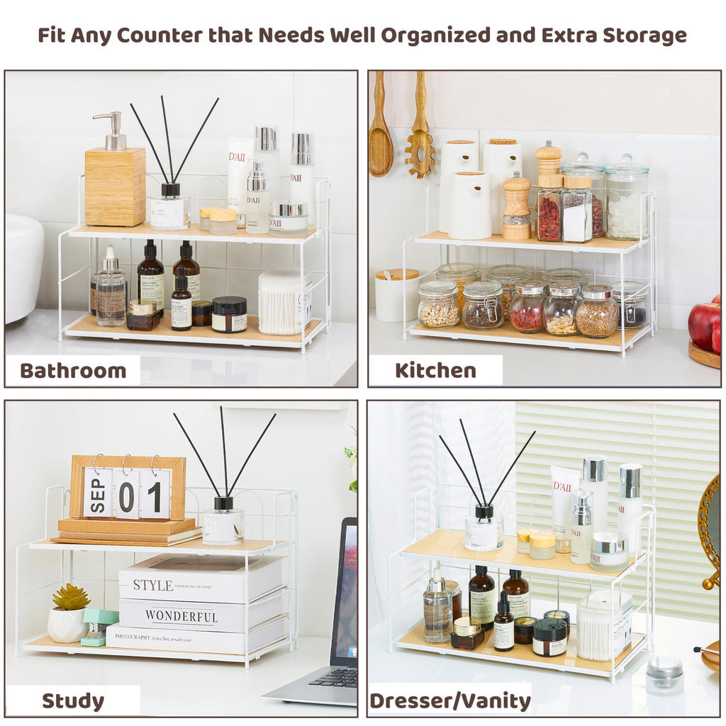 Edergoo Bathroom Counter Organizer 10s Tool-Free Install, 2 Tier Bathroom Organizers and Storage, Collapsible Bathroom Organizer Countertop, Wood Bathroom Kitchen Countertop Organizer, White