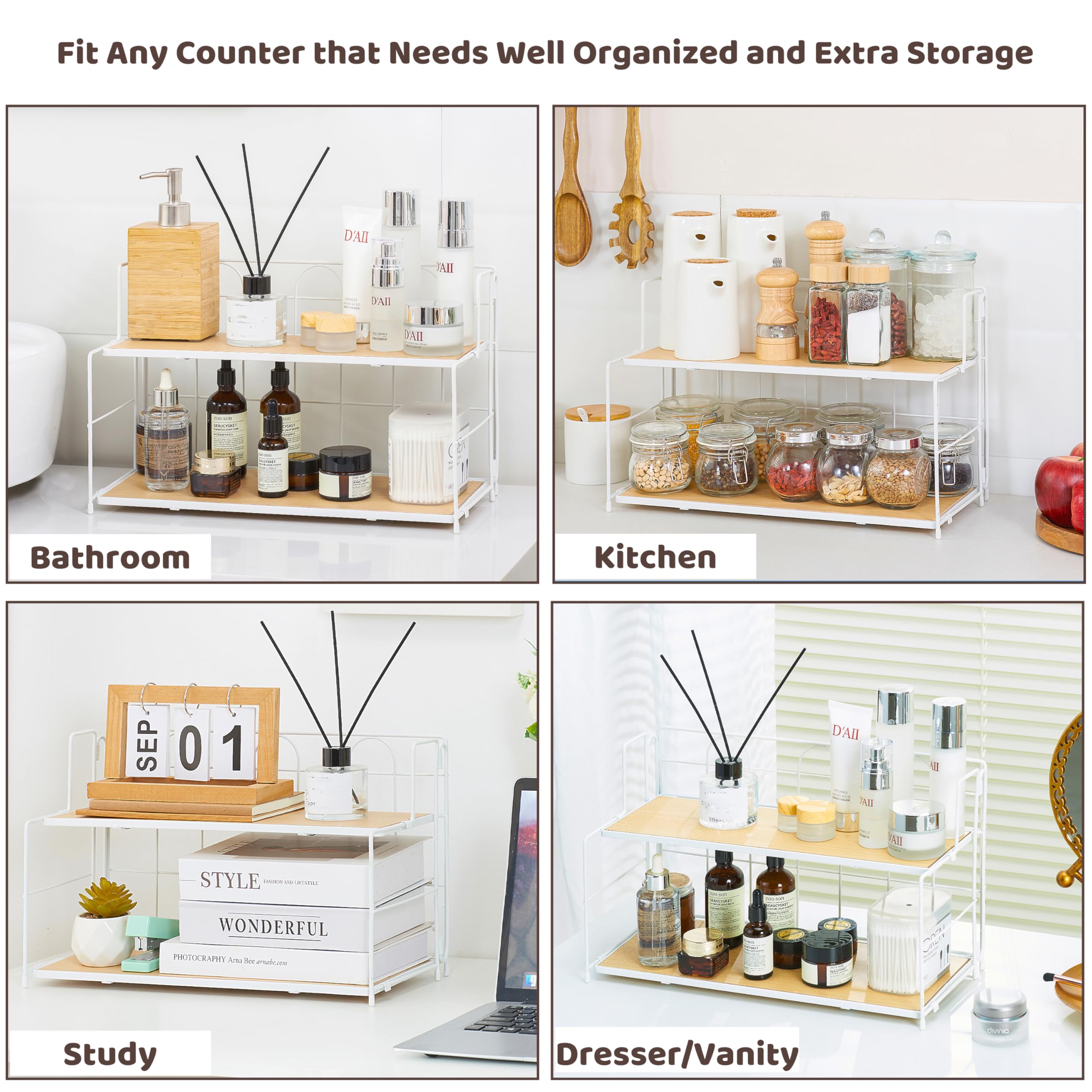 Edergoo Bathroom Counter Organizer 10s Tool-Free Install, 2 Tier Bathroom Organizers and Storage, Collapsible Bathroom Organizer Countertop, Wood Bathroom Kitchen Countertop Organizer, White
