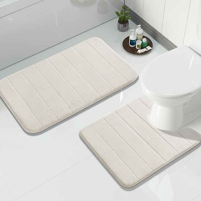 Yimobra U-Shaped Toilet Bath Mat Set 2 Piece - Soft Absorbent Quick Dry Memory Foam Bathroom Rugs, Machine Washable Non Slip Floor Carpet for Tub Shower & Single Sink (17x24 & 24x20