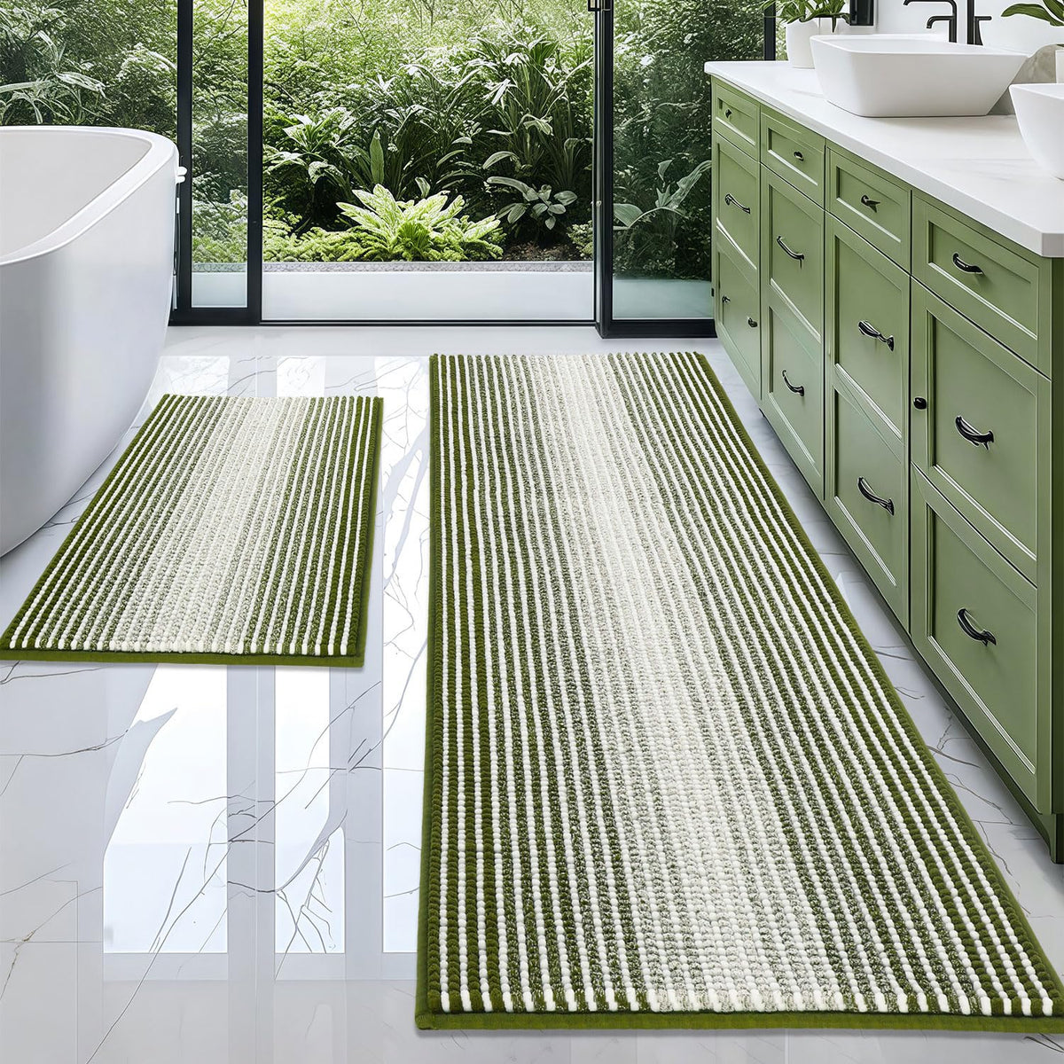 BSICPRO Bathroom Rugs Sets 2 Piece, Non Slip Striped Bath Mats, Black