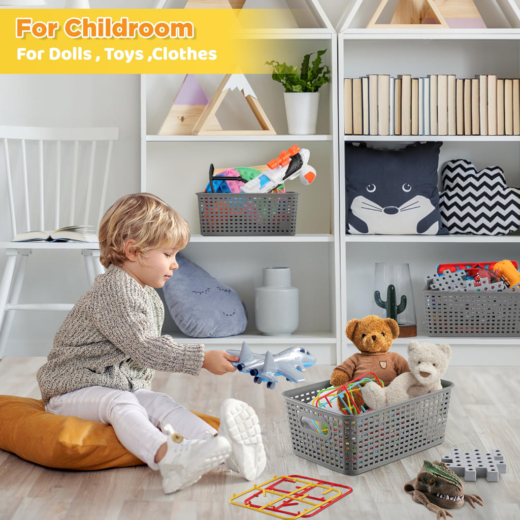 AREYZIN Plastic Storage Baskets Bins With Lid Organizing Container Lidded Knit Storage Organizer Bins for Shelves Drawers Desktop Closet Playroom Classroom Office, 6 Pack