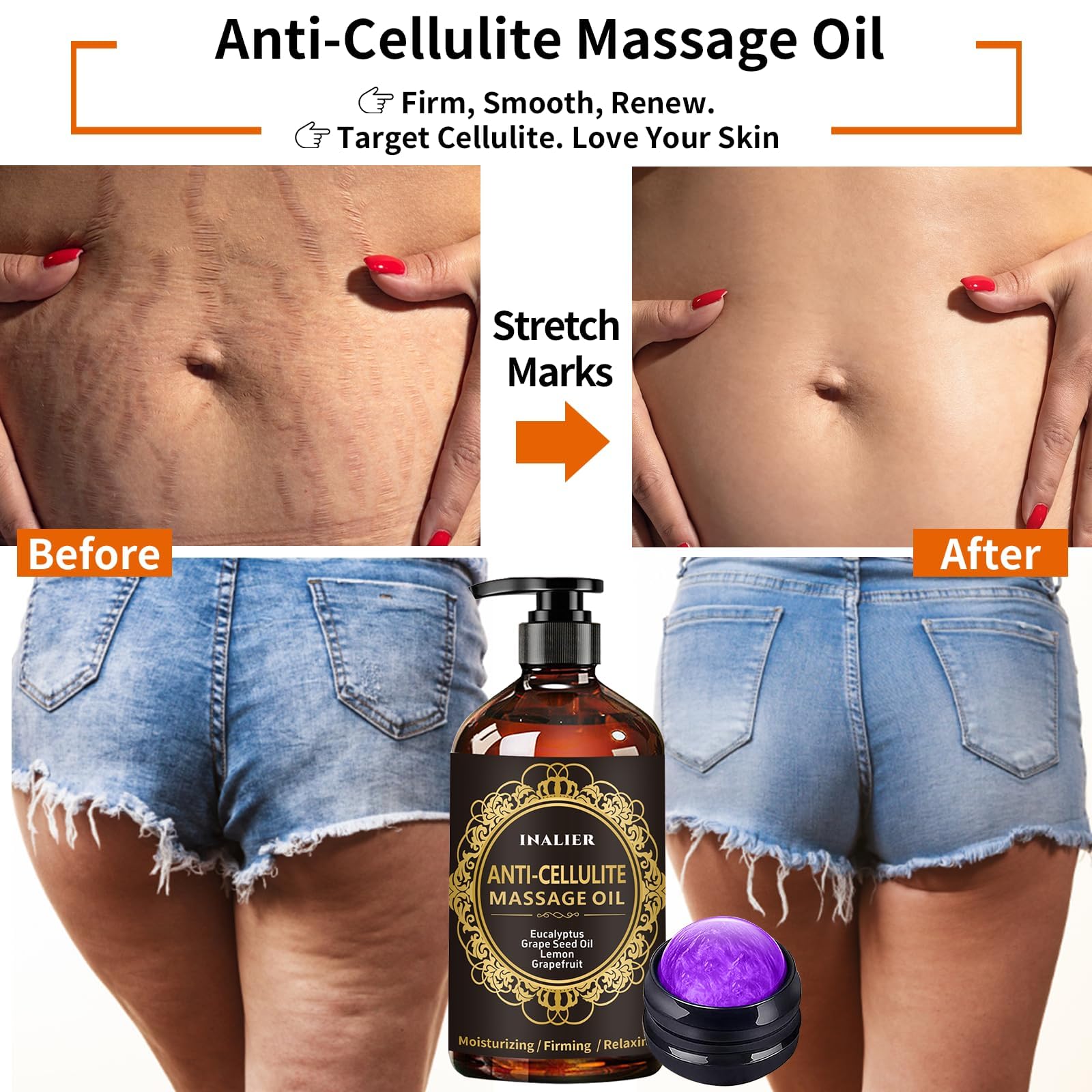 Massage Oil for Massage Therapy,3 Pack Cellulite Massage Oil,Sore Muscle Arnica Oil & Lavender Massage Body Oil with Massage Ball & Thumb Saver Tool,Mens Gifts,Birthday Gifts for Women and Men
