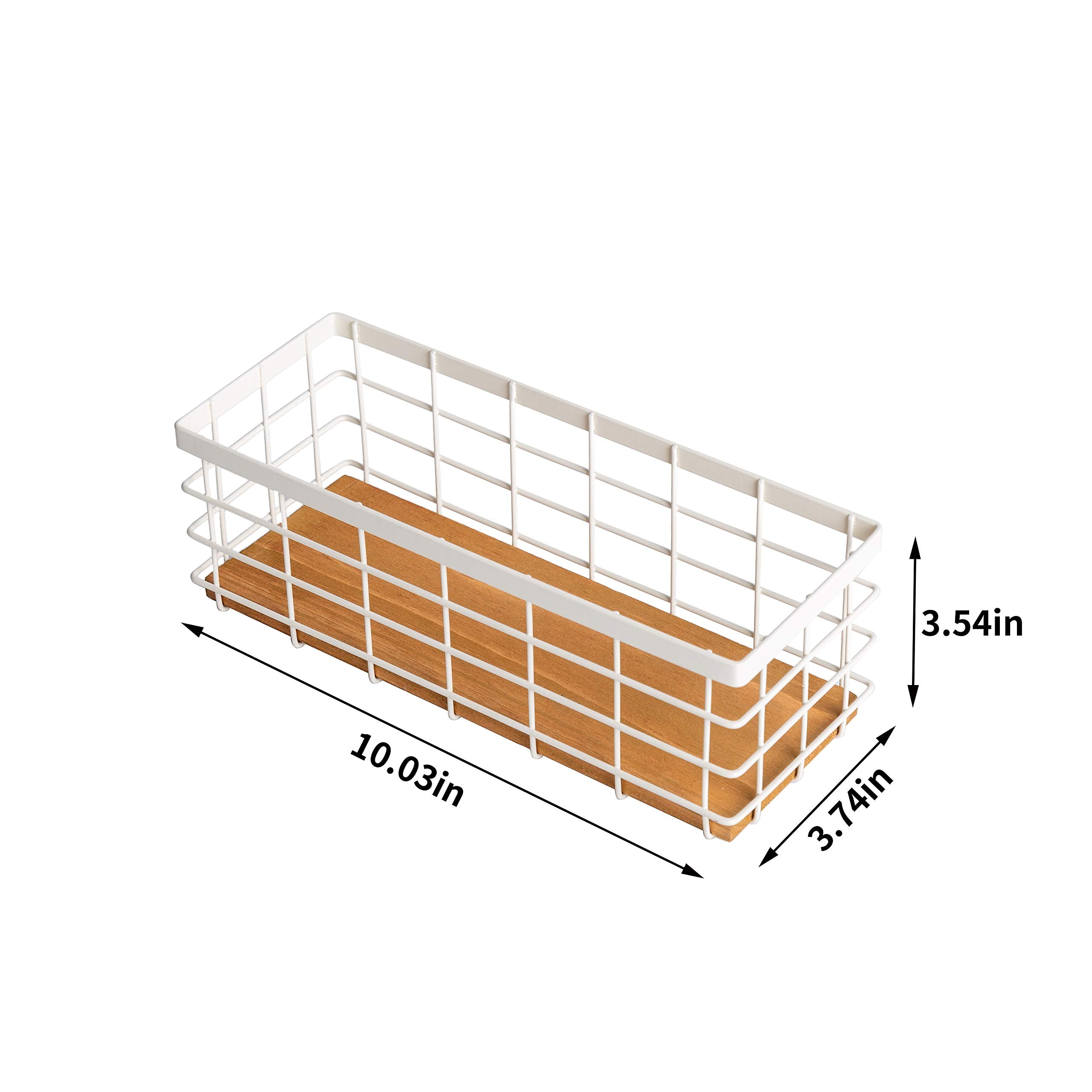 TIEYIPIN Small Metal Wire Storage Basket, Detachable Wood Base Storage Organizer Bin Basket for Kitchen Cabinets, Bathroom, Pantry, Garage, Laundry Room (Cream White, 2 Pack)